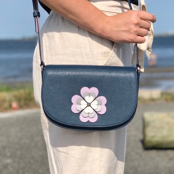 kate spade Handbags - Kate Spade Reiley Flower Leather Blue Purple Flap Bag Crossbody